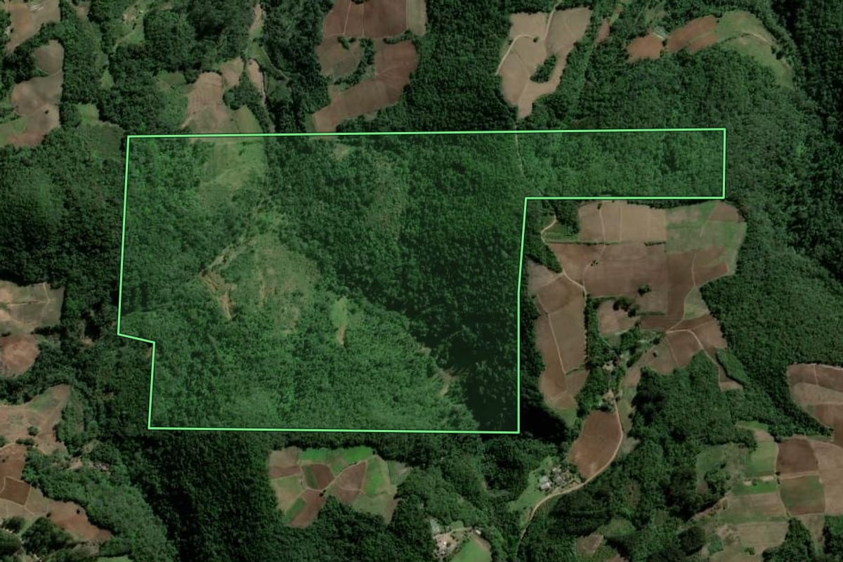 Imagem de satélite do imóvel rural em Agudo (RS), com o contorno declarado no CAR desenhado por cima.