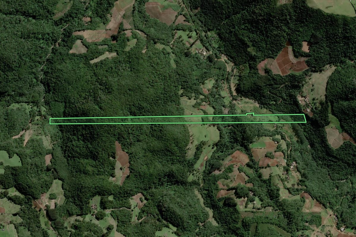 Imagem de satélite do imóvel rural em Agudo (RS), com o contorno declarado no CAR desenhado por cima.