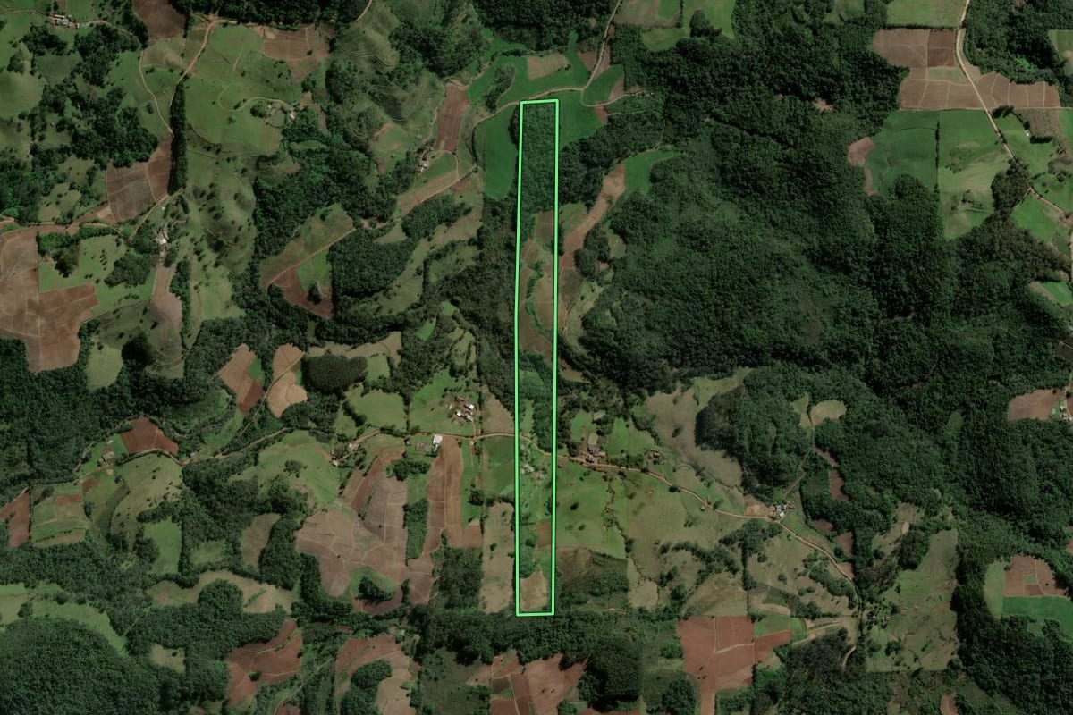 Imagem de satélite do imóvel rural em Agudo (RS), com o contorno declarado no CAR desenhado por cima.