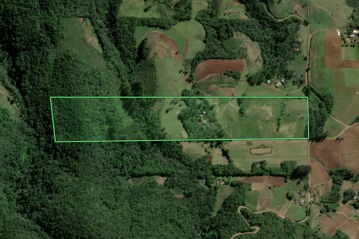Imagem de satélite do imóvel rural em Agudo (RS), com o contorno declarado no CAR desenhado por cima.