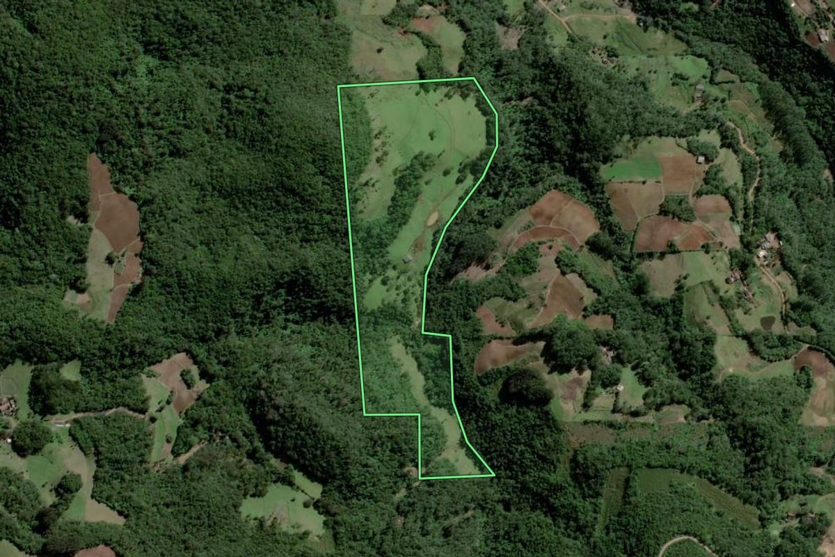 Imagem de satélite do imóvel rural em Agudo (RS), com o contorno declarado no CAR desenhado por cima.