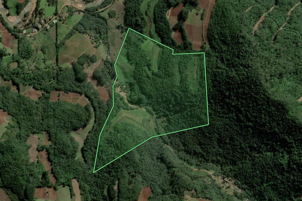 Imagem de satélite do imóvel rural em Agudo (RS), com o contorno declarado no CAR desenhado por cima.