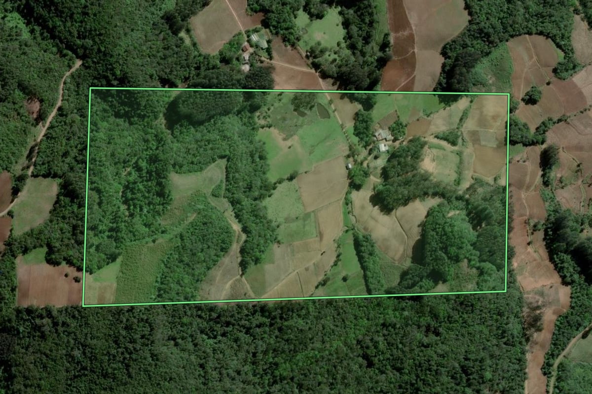 Imagem de satélite do imóvel rural em Agudo (RS), com o contorno declarado no CAR desenhado por cima.