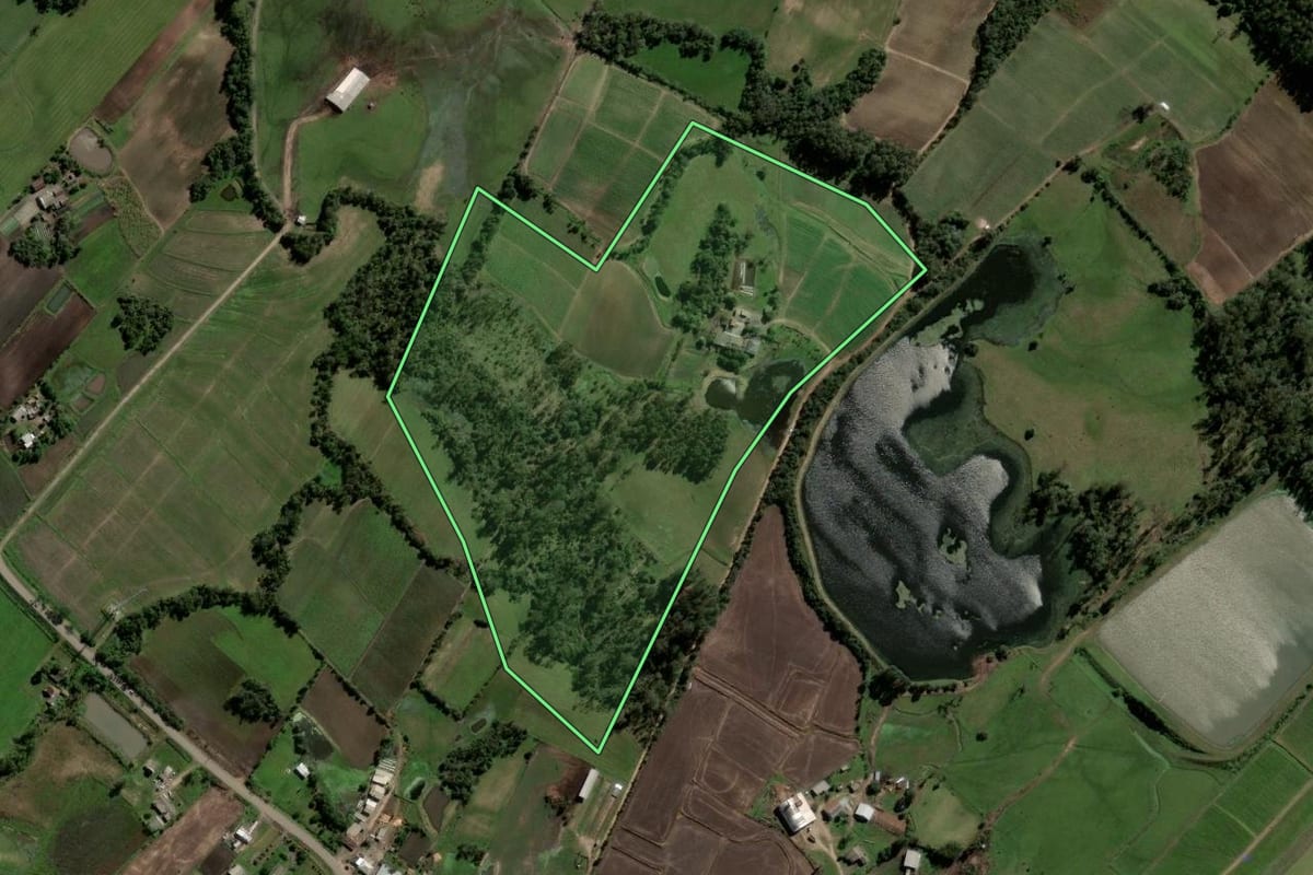 Imagem de satélite do imóvel rural em Agudo (RS), com o contorno declarado no CAR desenhado por cima.