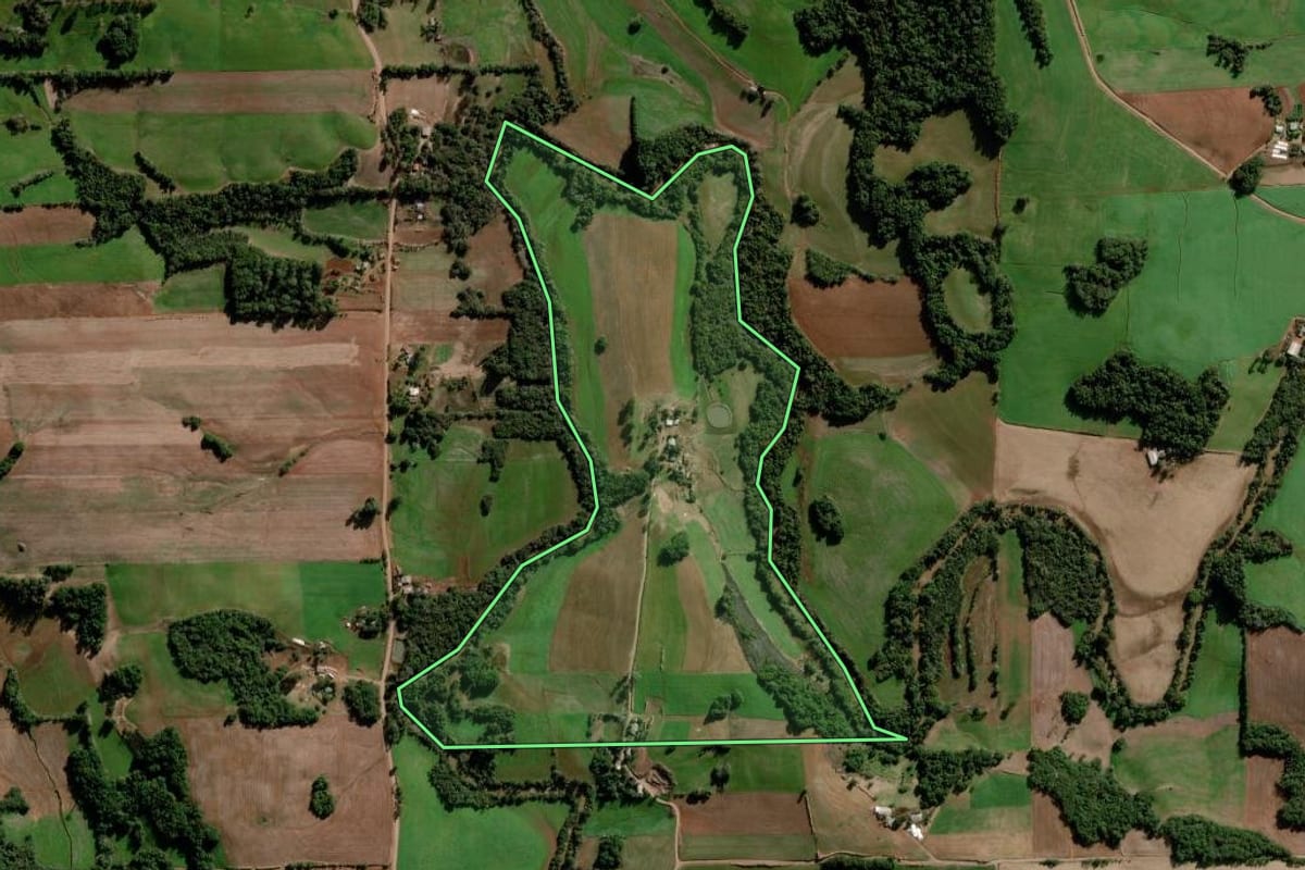 Imagem de satélite do imóvel rural em Ajuricaba (RS), com o contorno declarado no CAR desenhado por cima.