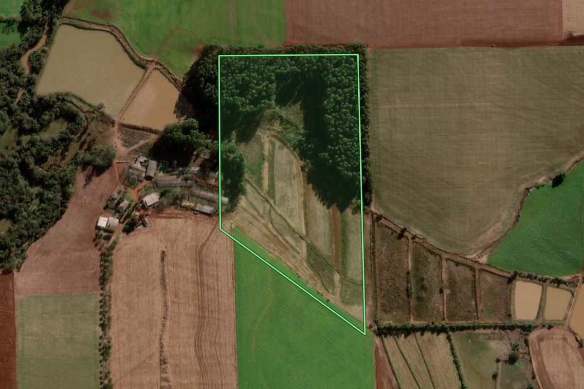 Imagem de satélite do imóvel rural em Ajuricaba (RS), com o contorno declarado no CAR desenhado por cima.