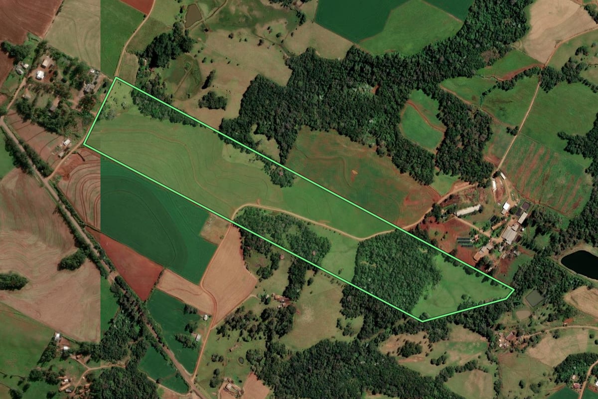 Imagem de satélite do imóvel rural em Alecrim (RS), com o contorno declarado no CAR desenhado por cima.