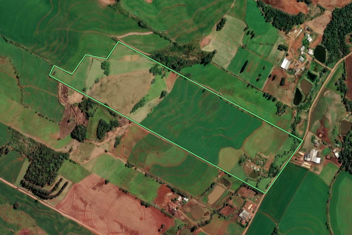 Imagem de satélite do imóvel rural em Alecrim (RS), com o contorno declarado no CAR desenhado por cima.