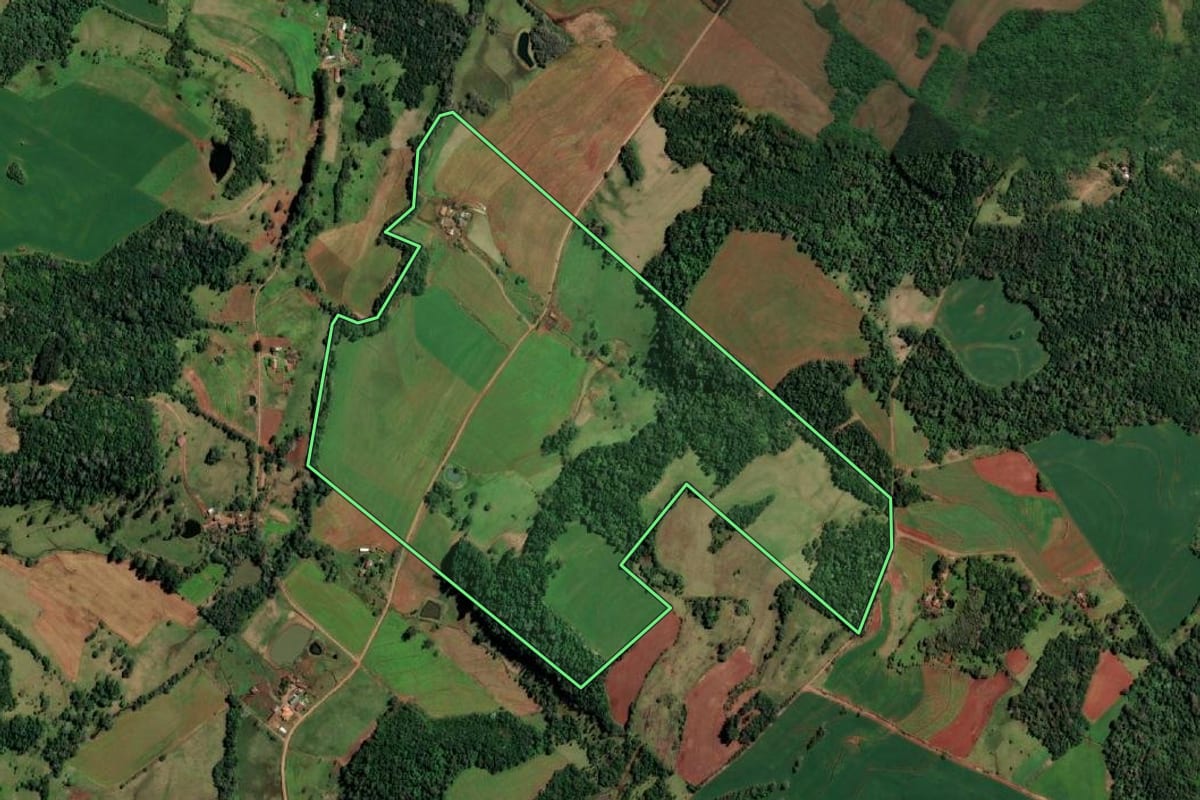 Imagem de satélite do imóvel rural em Alecrim (RS), com o contorno declarado no CAR desenhado por cima.