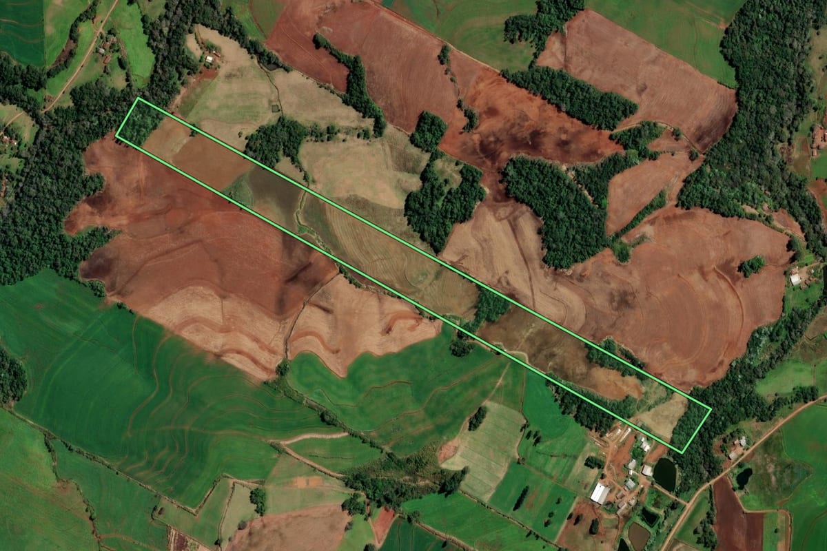 Imagem de satélite do imóvel rural em Alecrim (RS), com o contorno declarado no CAR desenhado por cima.