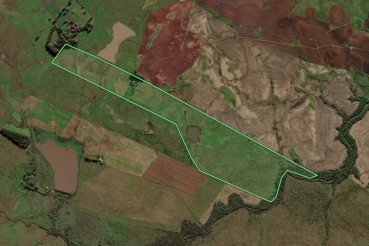 Imagem de satélite do imóvel rural em Alegrete (RS), com o contorno declarado no CAR desenhado por cima.