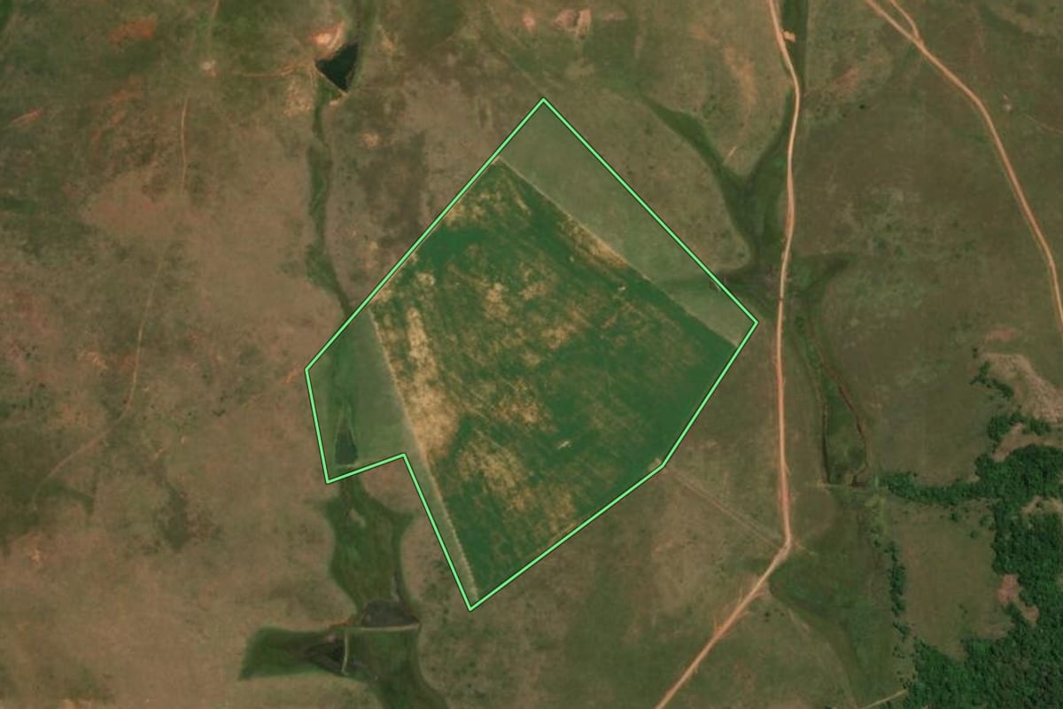 Imagem de satélite do imóvel rural em Alegrete (RS), com o contorno declarado no CAR desenhado por cima.