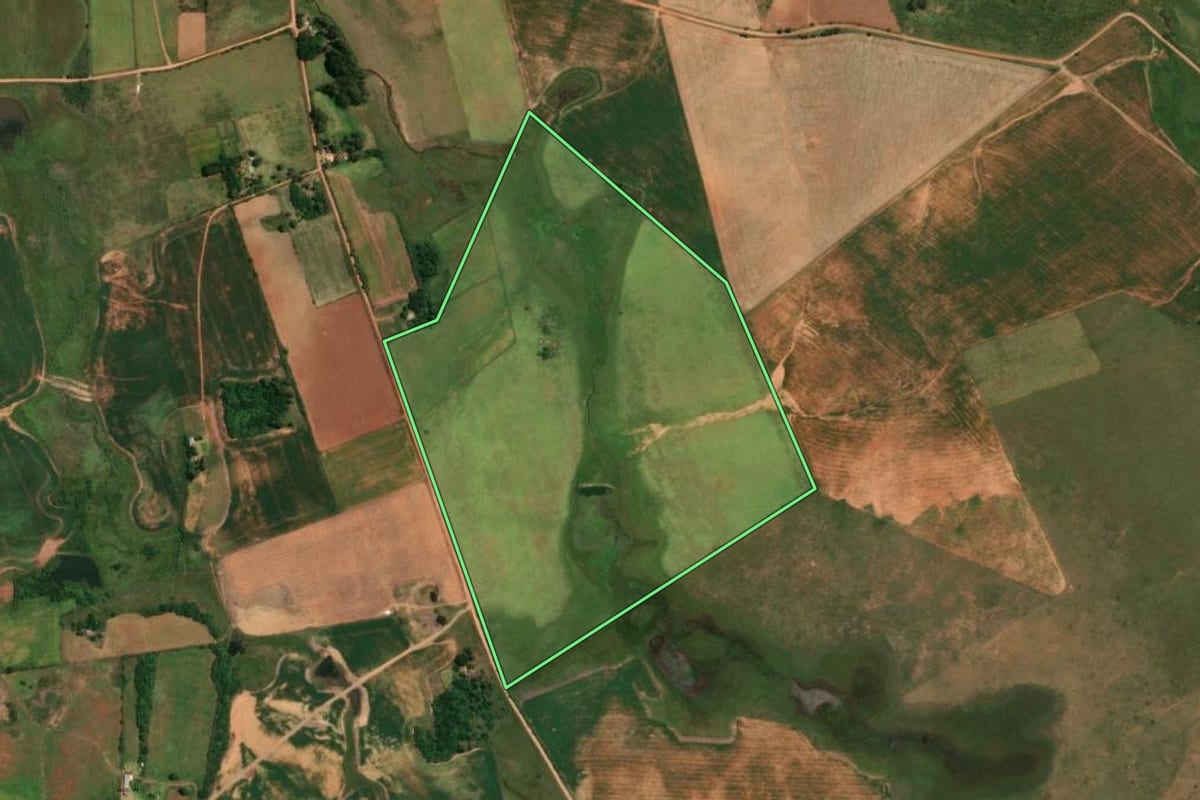 Imagem de satélite do imóvel rural em Alegrete (RS), com o contorno declarado no CAR desenhado por cima.