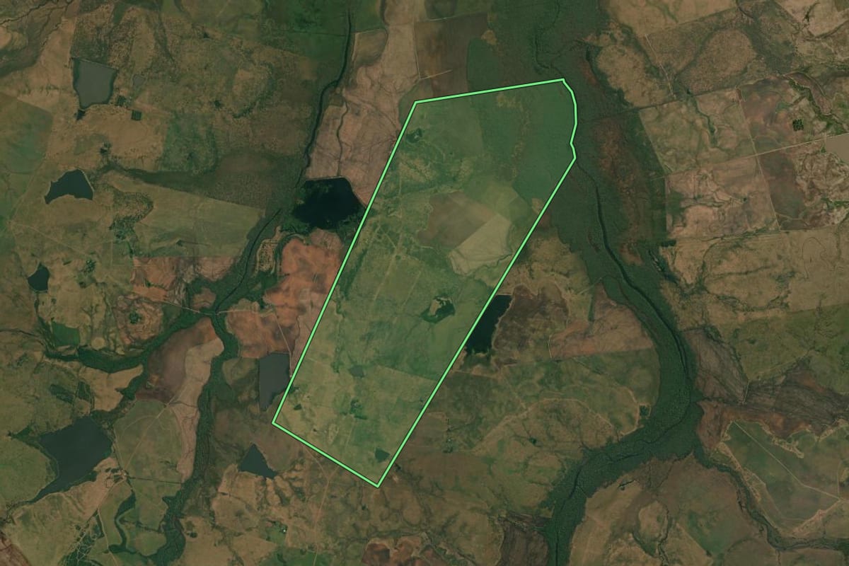 Imagem de satélite do imóvel rural em Alegrete (RS), com o contorno declarado no CAR desenhado por cima.