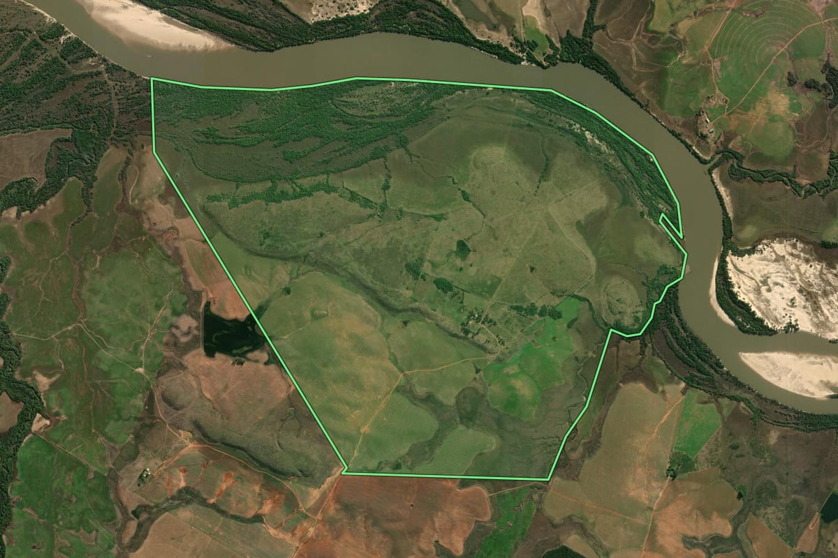 Imagem de satélite do imóvel rural em Alegrete (RS), com o contorno declarado no CAR desenhado por cima.