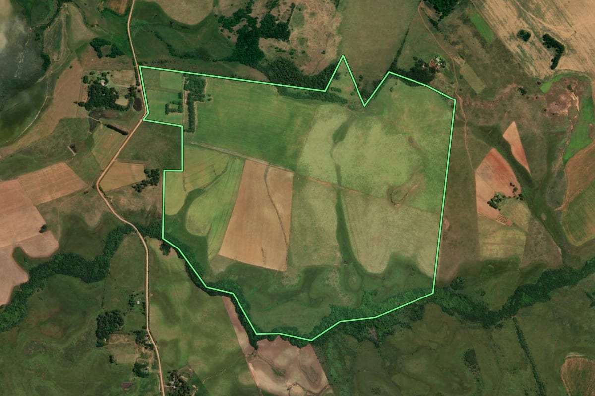 Imagem de satélite do imóvel rural em Alegrete (RS), com o contorno declarado no CAR desenhado por cima.