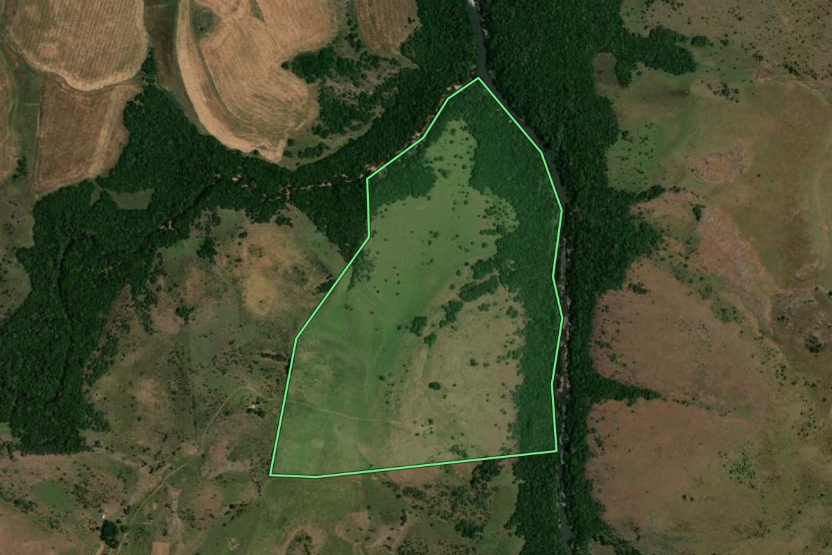 Imagem de satélite do imóvel rural em Alegrete (RS), com o contorno declarado no CAR desenhado por cima.