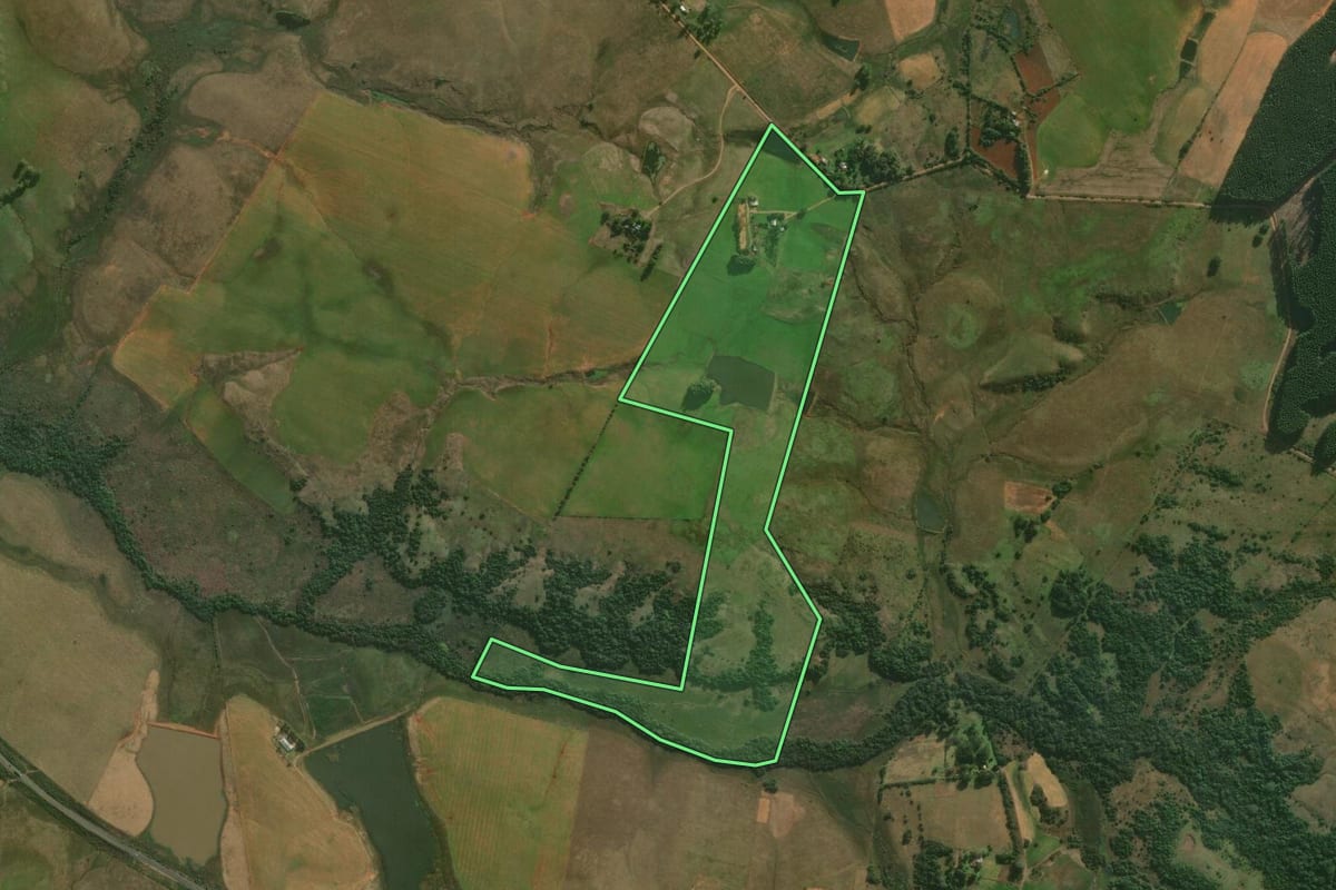 Imagem de satélite do imóvel rural em Alegrete (RS), com o contorno declarado no CAR desenhado por cima.