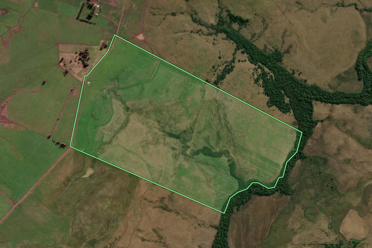Imagem de satélite do imóvel rural em Alegrete (RS), com o contorno declarado no CAR desenhado por cima.