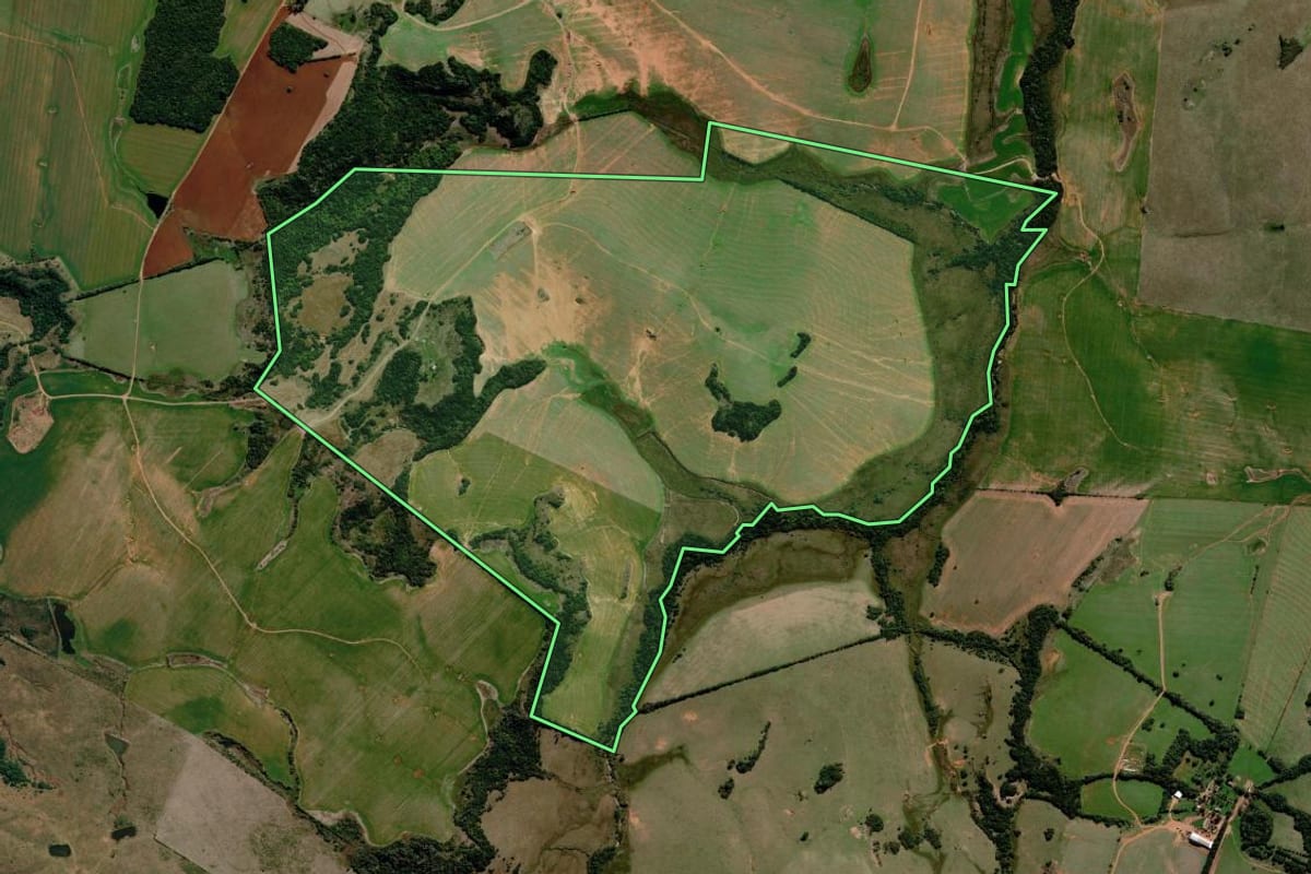 Imagem de satélite do imóvel rural em Alegrete (RS), com o contorno declarado no CAR desenhado por cima.