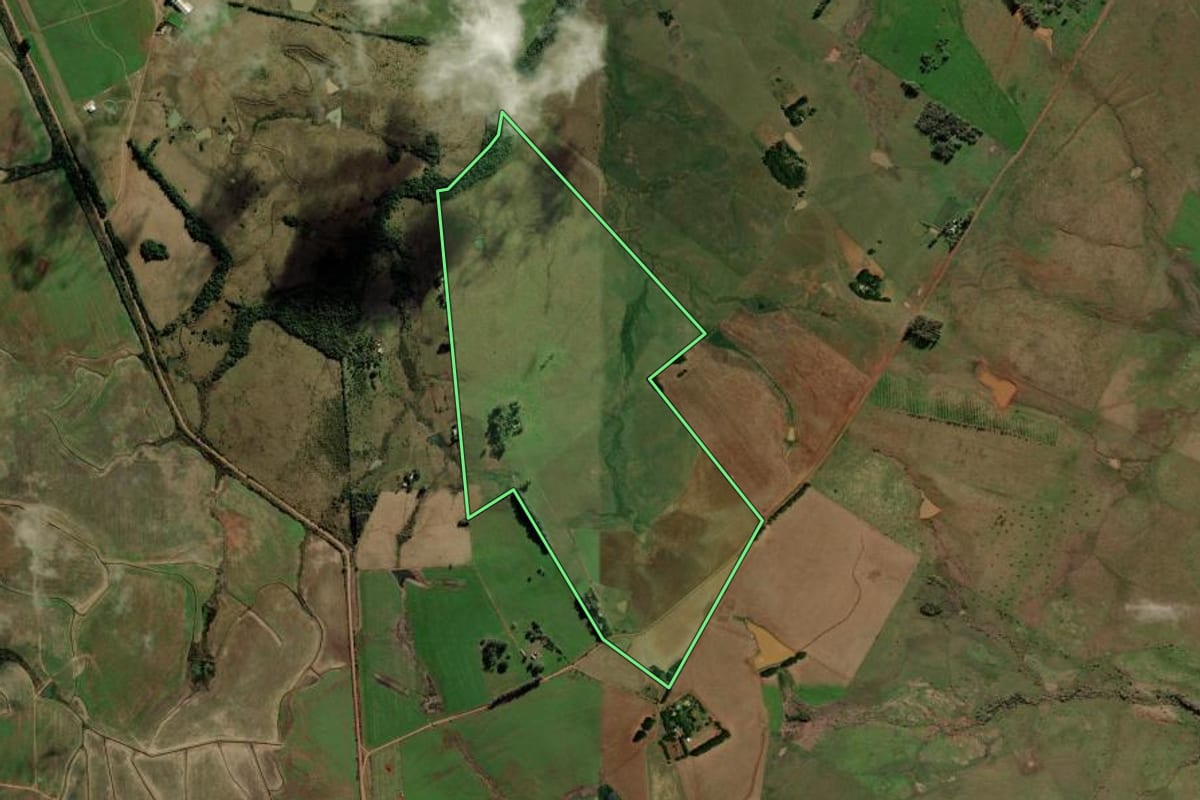 Imagem de satélite do imóvel rural em Alegrete (RS), com o contorno declarado no CAR desenhado por cima.