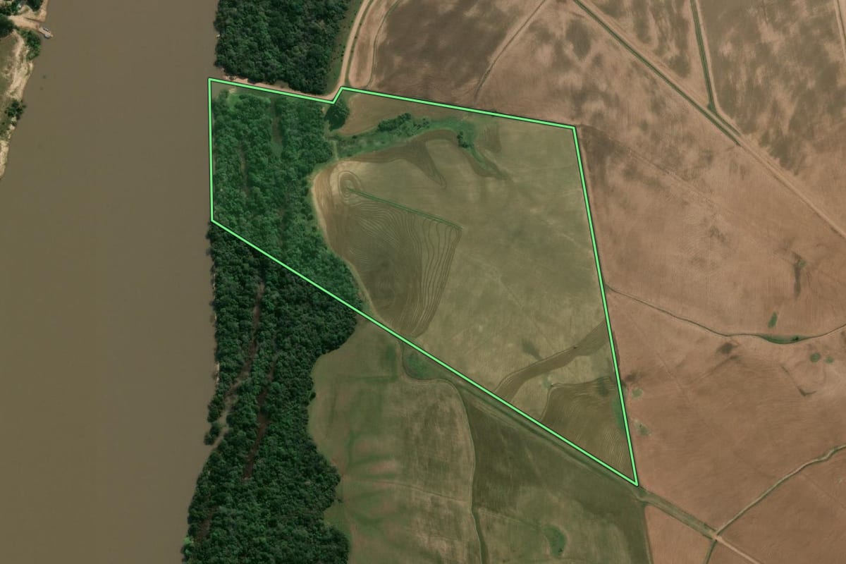 Imagem de satélite do imóvel rural em Alegrete (RS), com o contorno declarado no CAR desenhado por cima.