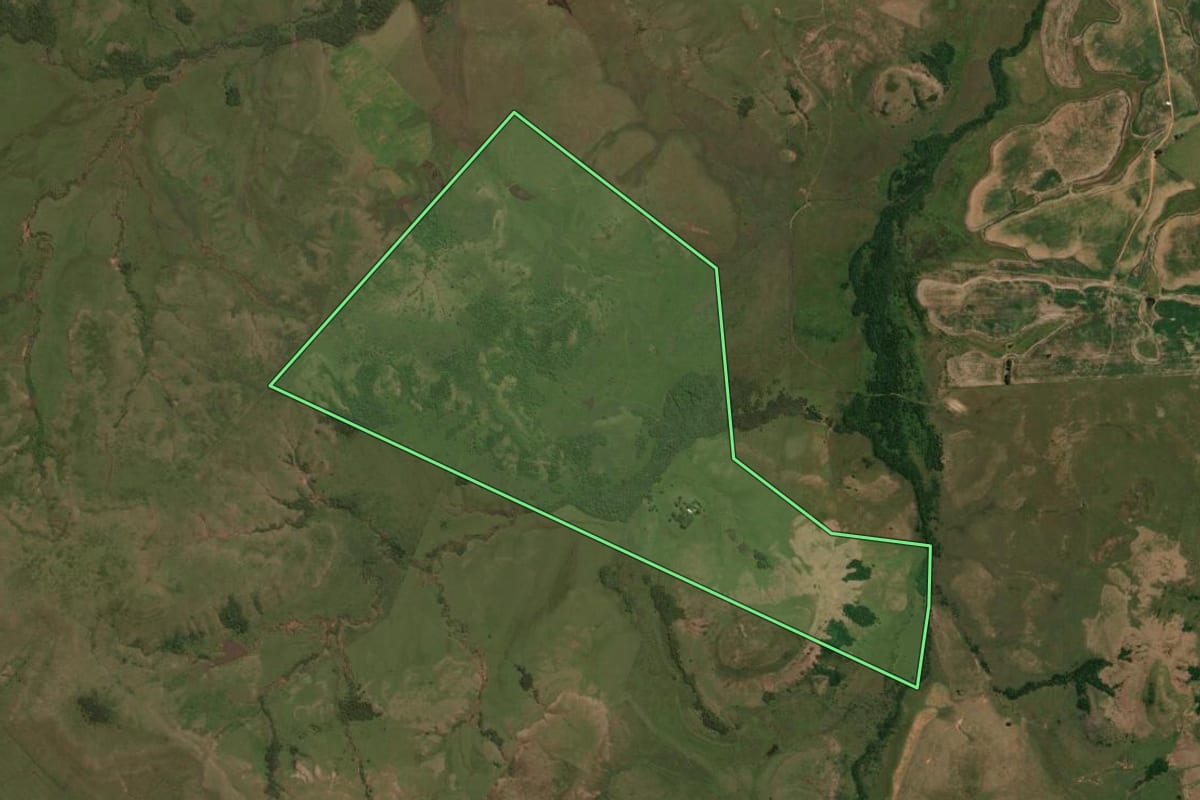 Imagem de satélite do imóvel rural em Alegrete (RS), com o contorno declarado no CAR desenhado por cima.