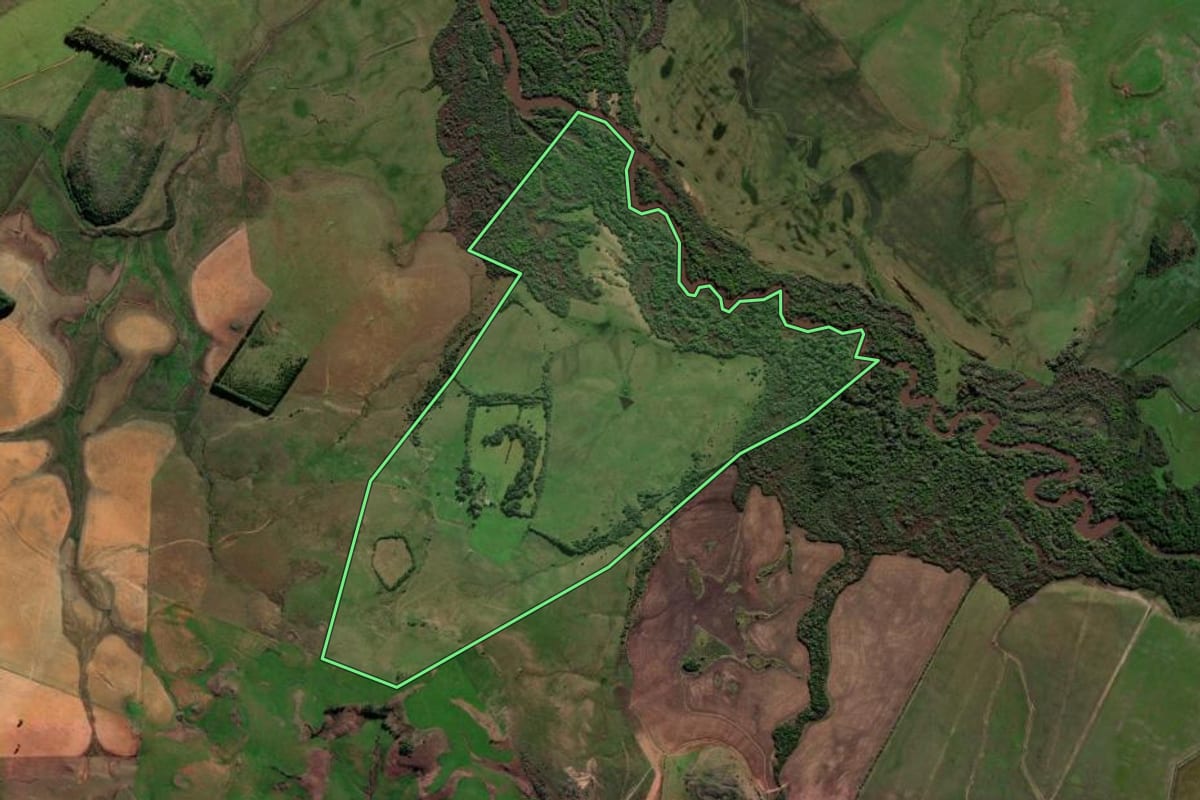 Imagem de satélite do imóvel rural em Alegrete (RS), com o contorno declarado no CAR desenhado por cima.