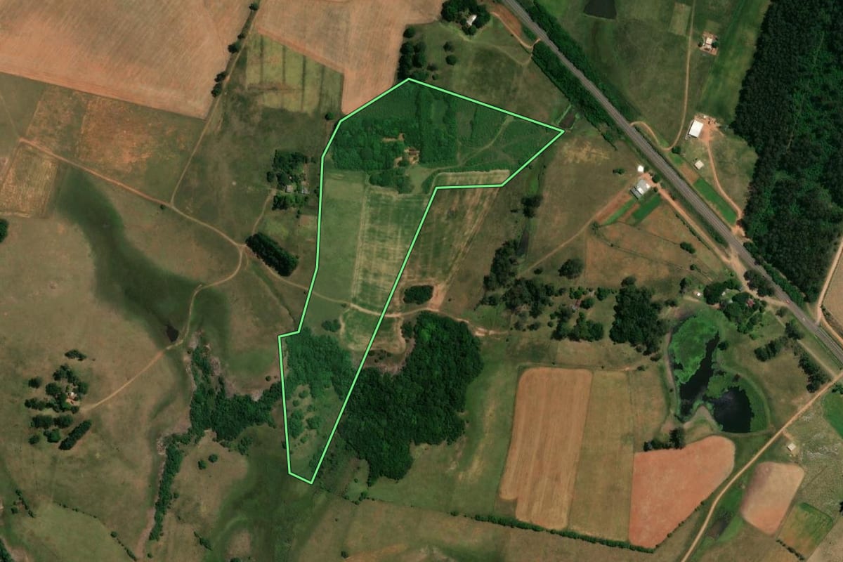 Imagem de satélite do imóvel rural em Alegrete (RS), com o contorno declarado no CAR desenhado por cima.
