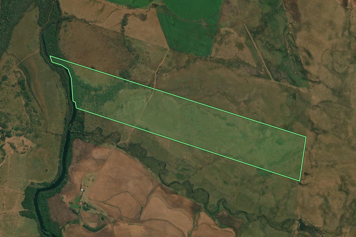 Imagem de satélite do imóvel rural em Alegrete (RS), com o contorno declarado no CAR desenhado por cima.