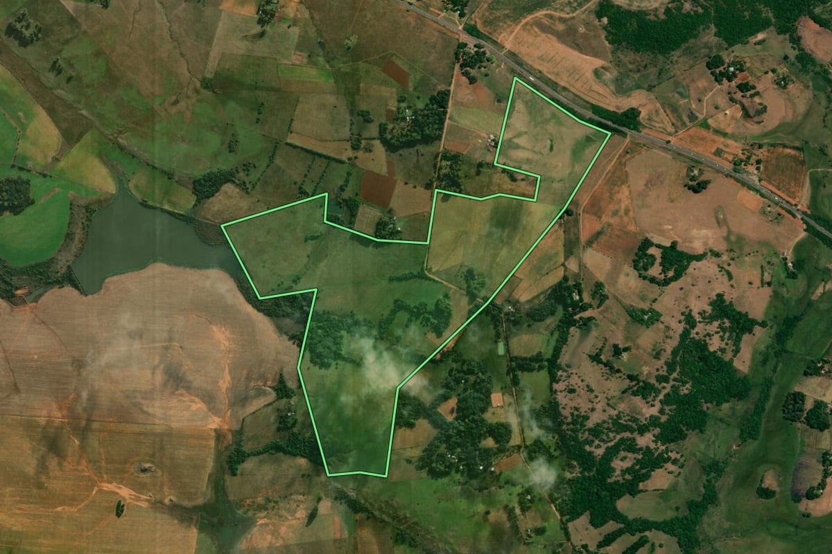 Imagem de satélite do imóvel rural em Alegrete (RS), com o contorno declarado no CAR desenhado por cima.