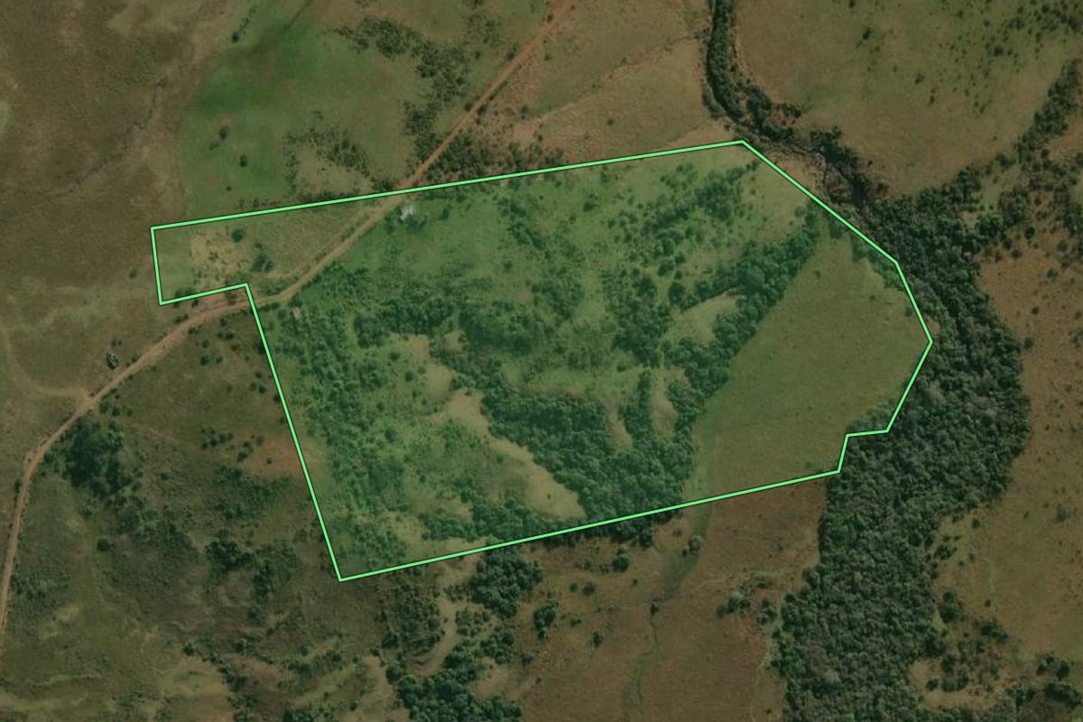 Imagem de satélite do imóvel rural em Alegrete (RS), com o contorno declarado no CAR desenhado por cima.