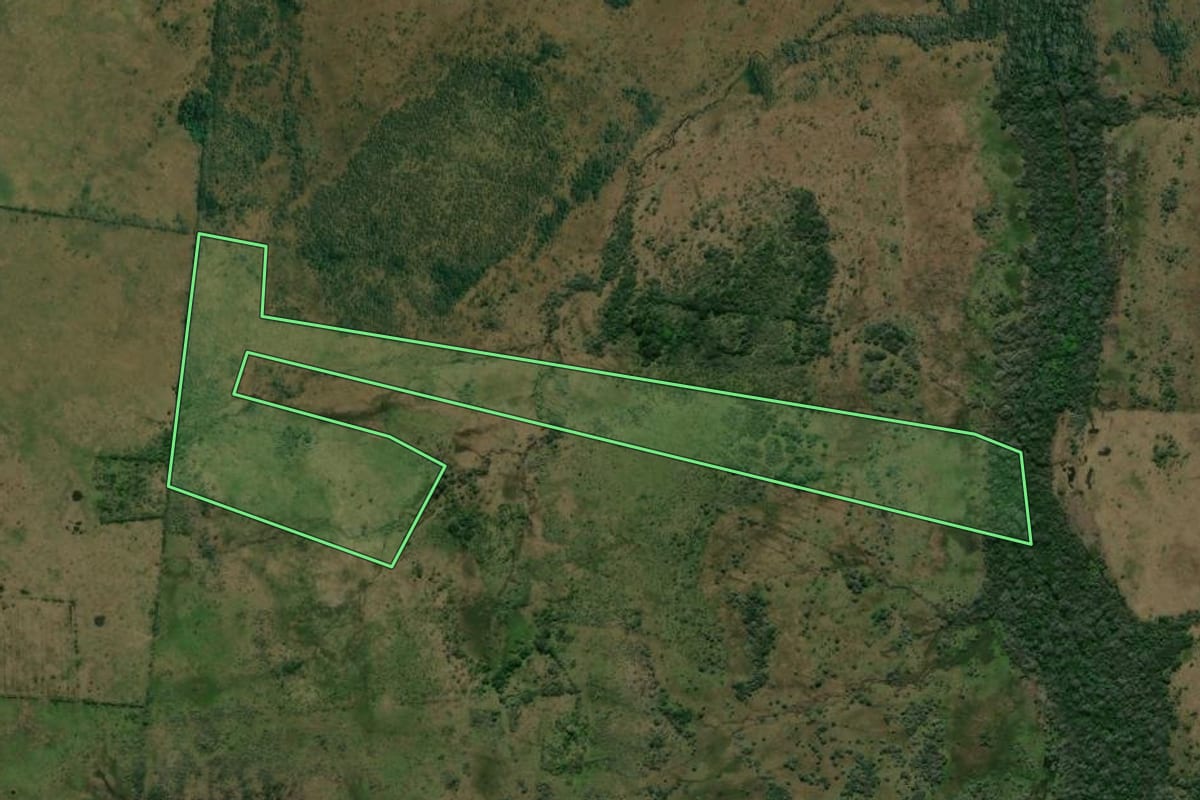 Imagem de satélite do imóvel rural em Alegrete (RS), com o contorno declarado no CAR desenhado por cima.