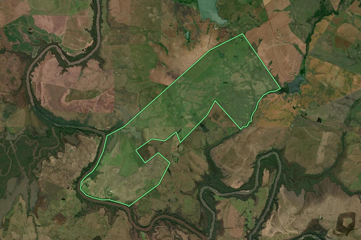 Imagem de satélite do imóvel rural em Alegrete (RS), com o contorno declarado no CAR desenhado por cima.