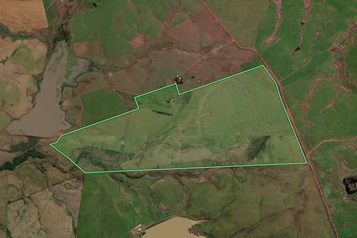 Imagem de satélite do imóvel rural em Alegrete (RS), com o contorno declarado no CAR desenhado por cima.