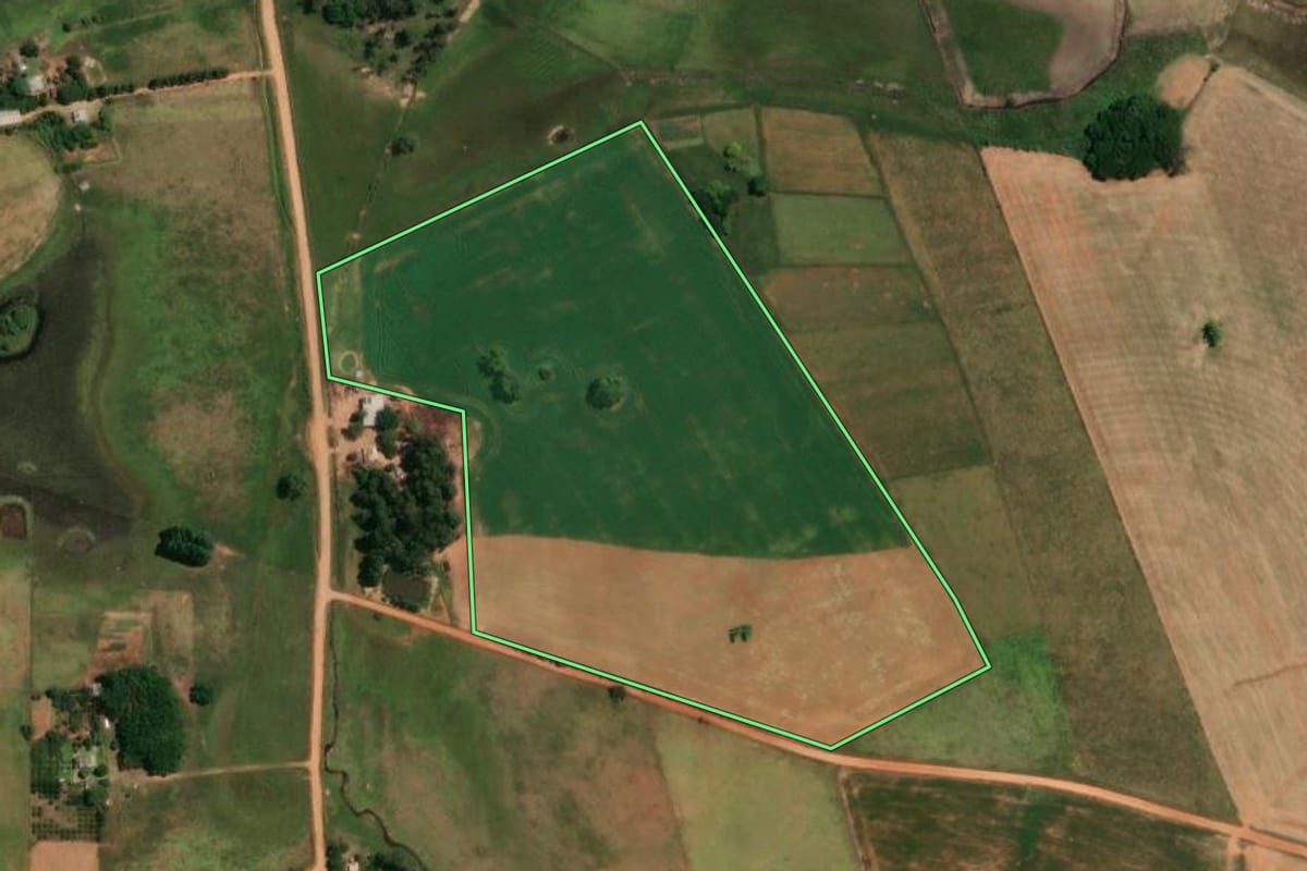 Imagem de satélite do imóvel rural em Alegrete (RS), com o contorno declarado no CAR desenhado por cima.