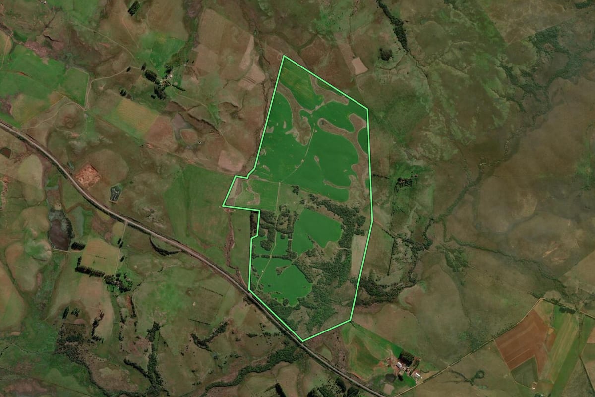 Imagem de satélite do imóvel rural em Alegrete (RS), com o contorno declarado no CAR desenhado por cima.