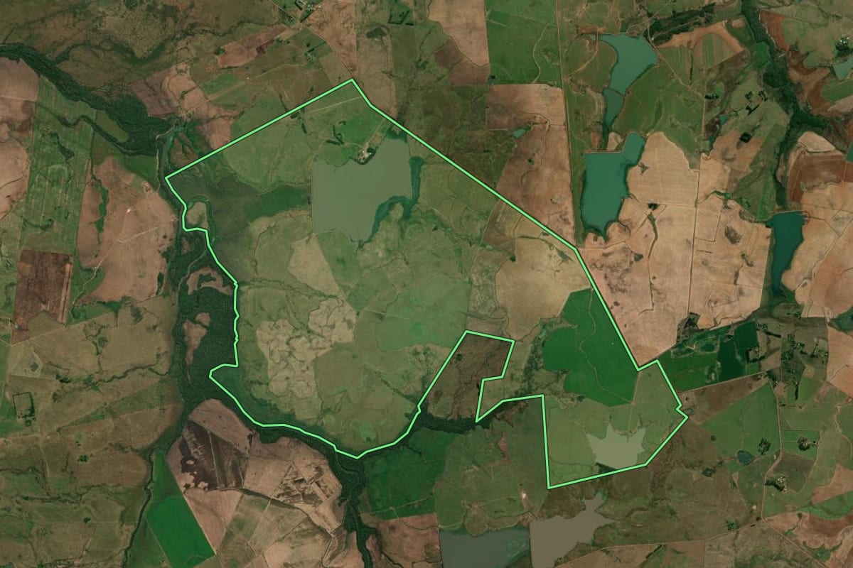 Imagem de satélite do imóvel rural em Alegrete (RS), com o contorno declarado no CAR desenhado por cima.