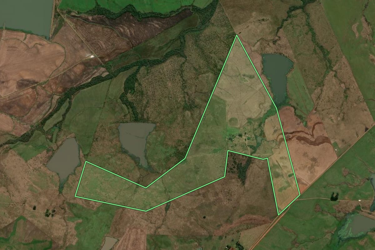 Imagem de satélite do imóvel rural em Alegrete (RS), com o contorno declarado no CAR desenhado por cima.