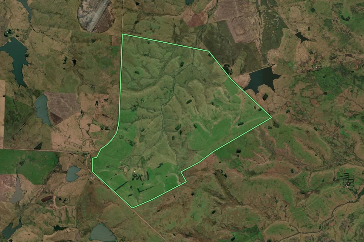 Imagem de satélite do imóvel rural em Alegrete (RS), com o contorno declarado no CAR desenhado por cima.