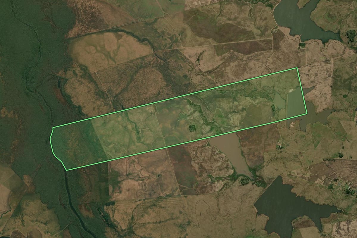Imagem de satélite do imóvel rural em Alegrete (RS), com o contorno declarado no CAR desenhado por cima.