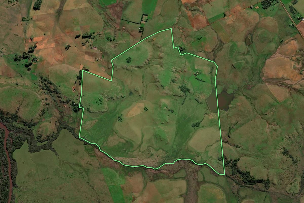 Imagem de satélite do imóvel rural em Alegrete (RS), com o contorno declarado no CAR desenhado por cima.