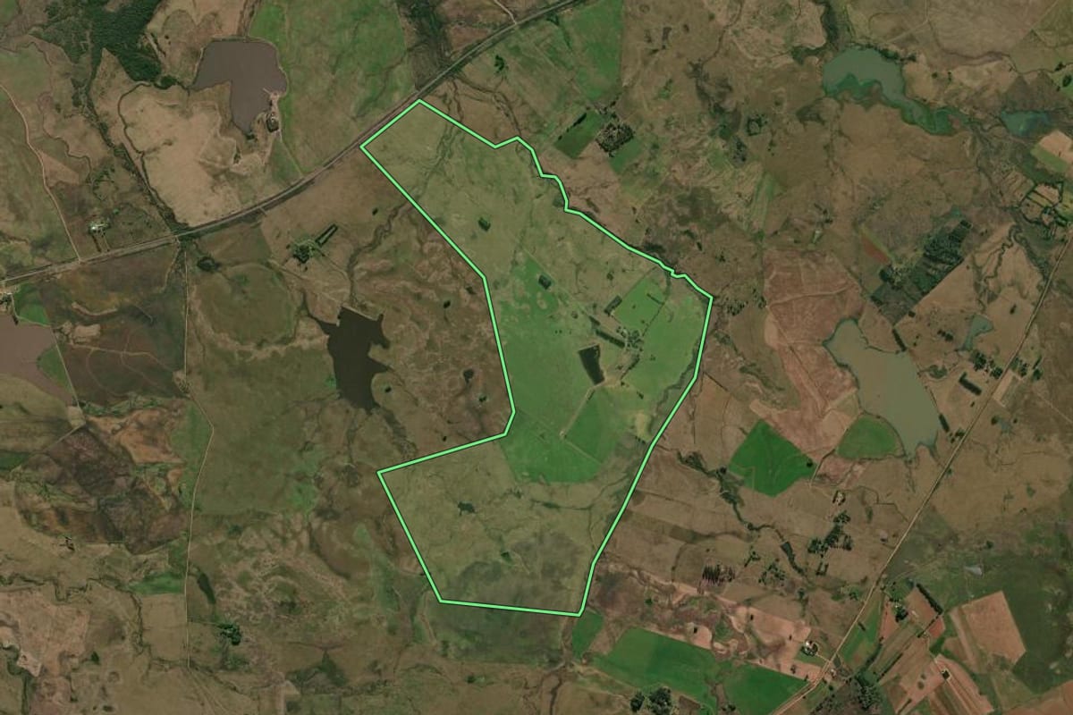 Imagem de satélite do imóvel rural em Alegrete (RS), com o contorno declarado no CAR desenhado por cima.