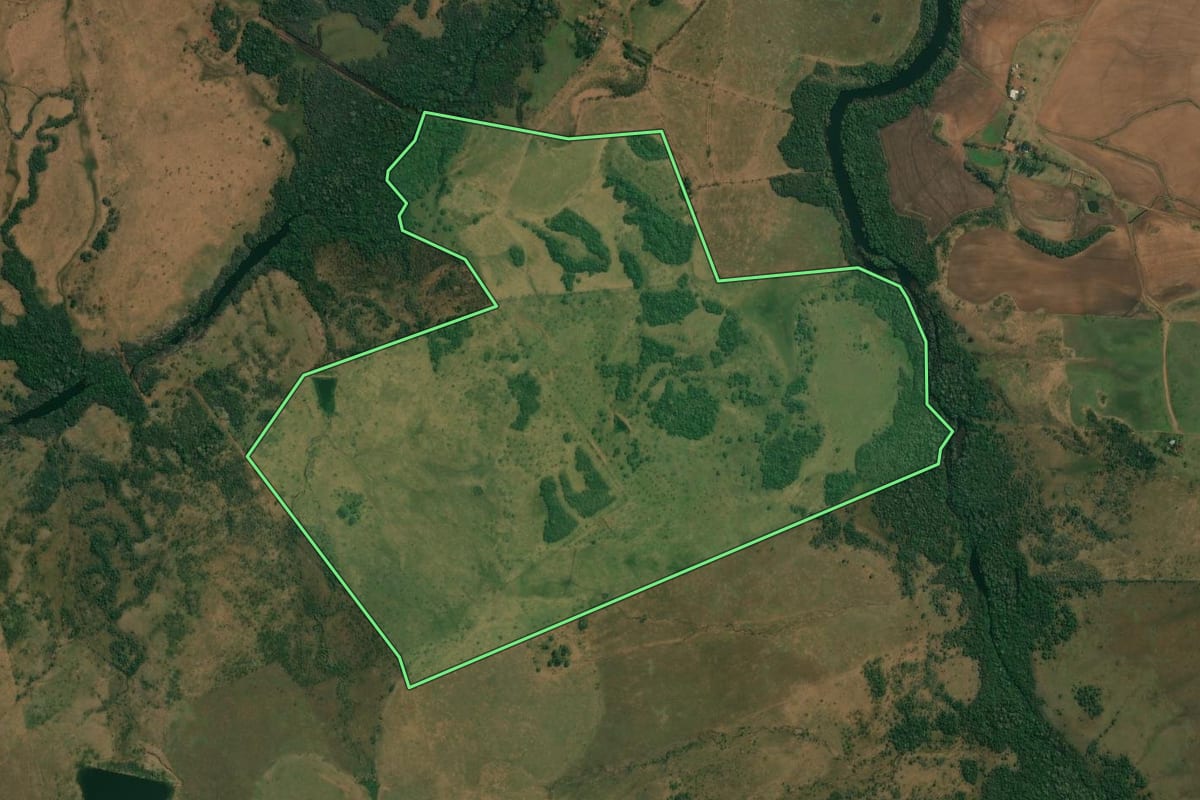Imagem de satélite do imóvel rural em Alegrete (RS), com o contorno declarado no CAR desenhado por cima.
