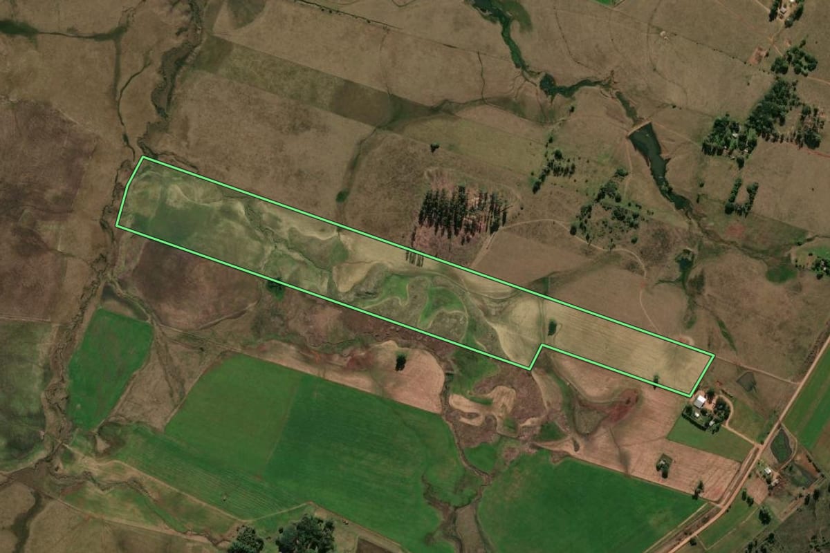 Imagem de satélite do imóvel rural em Alegrete (RS), com o contorno declarado no CAR desenhado por cima.