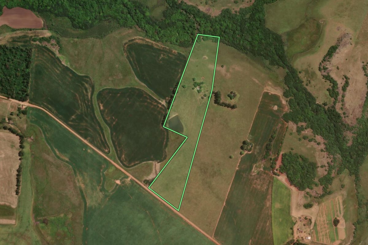 Imagem de satélite do imóvel rural em Alegrete (RS), com o contorno declarado no CAR desenhado por cima.