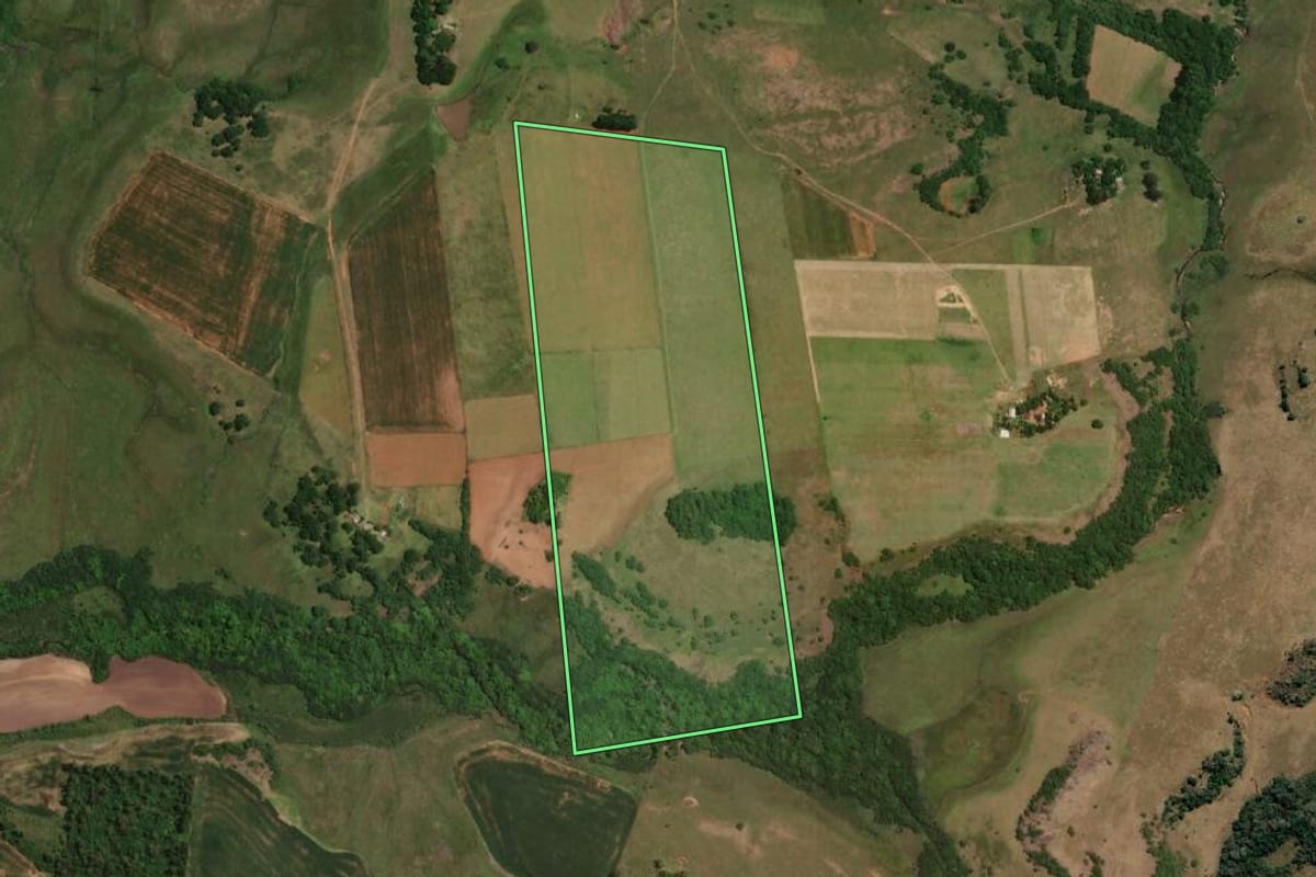 Imagem de satélite do imóvel rural em Alegrete (RS), com o contorno declarado no CAR desenhado por cima.