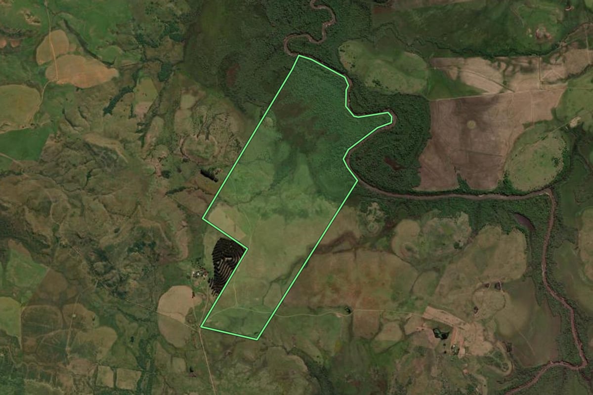 Imagem de satélite do imóvel rural em Alegrete (RS), com o contorno declarado no CAR desenhado por cima.