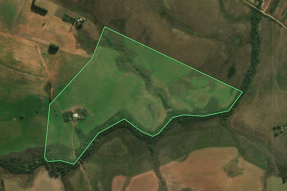 Imagem de satélite do imóvel rural em Alegrete (RS), com o contorno declarado no CAR desenhado por cima.
