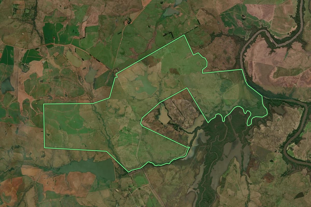 Imagem de satélite do imóvel rural em Alegrete (RS), com o contorno declarado no CAR desenhado por cima.